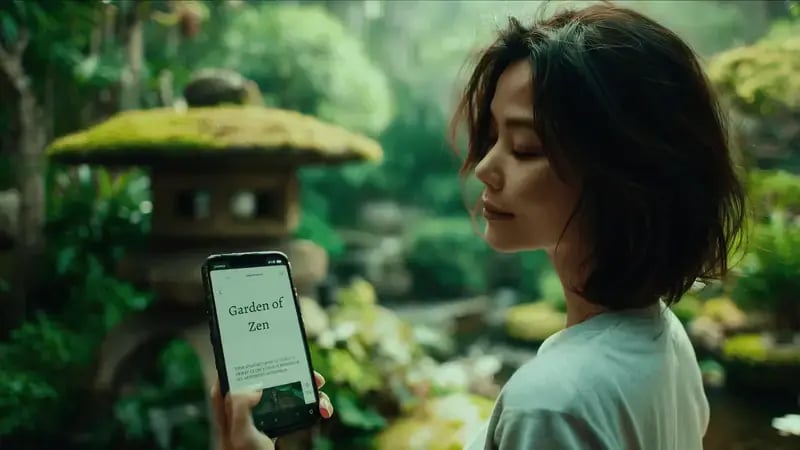 female person reading email from Gardens of Zen