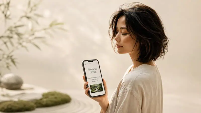 A woman reads Zee's daily email on her phone in a Japanese garden